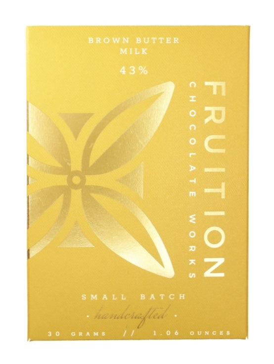 Fruition Chocolate Works brown butter milk chocolate bar packaging on a white background