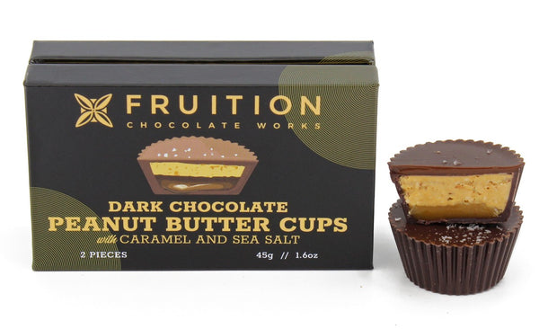 Fruition Chocolate Works dark chocolate peanut butter cups with caramel and sea salt packaging.