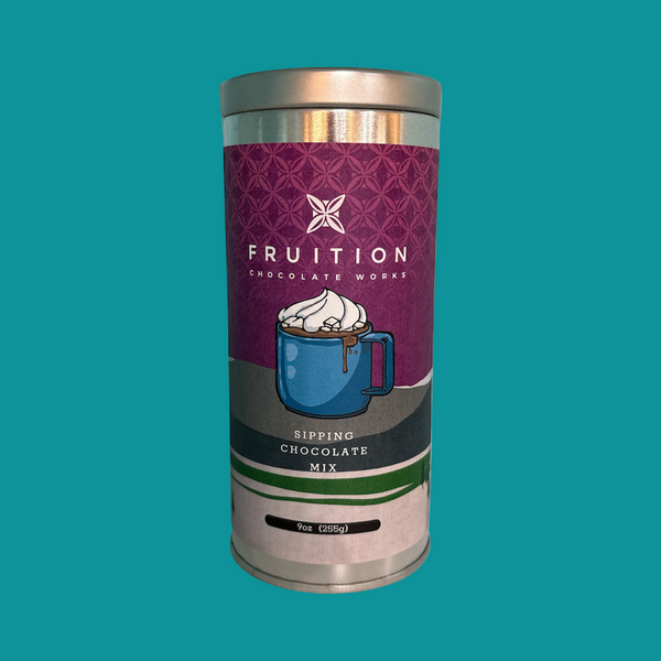 Fruition Chocolate Works sipping chocolate mix canister on a white background