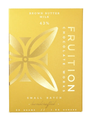 Fruition Chocolate Works brown butter milk chocolate bar packaging on a white background