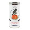 Metal tin with a white label, featuring a drawing of a crow sitting on a pumpkin. Tin label reads "pumpkin spice chocolate truffles"