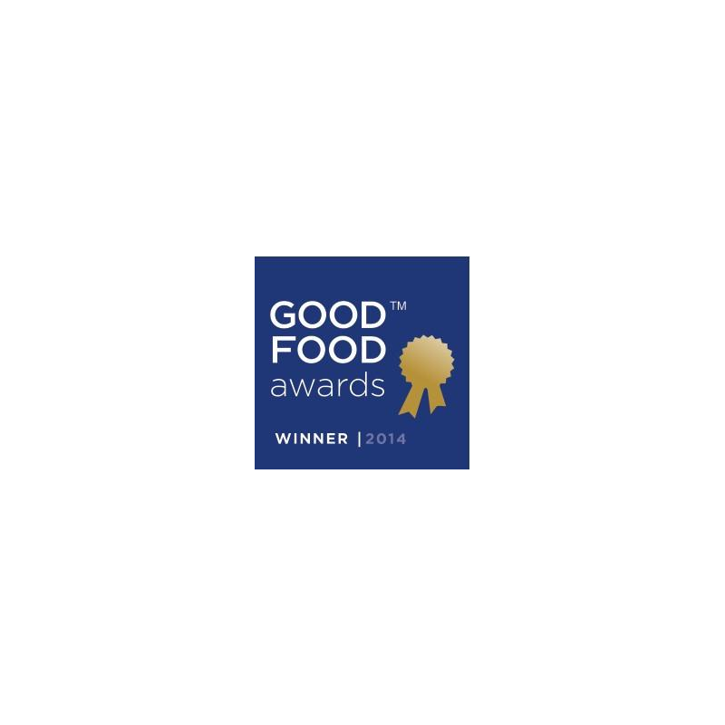 blue square with a gold ribbon logo on it that reads "good food awards winner 2014"